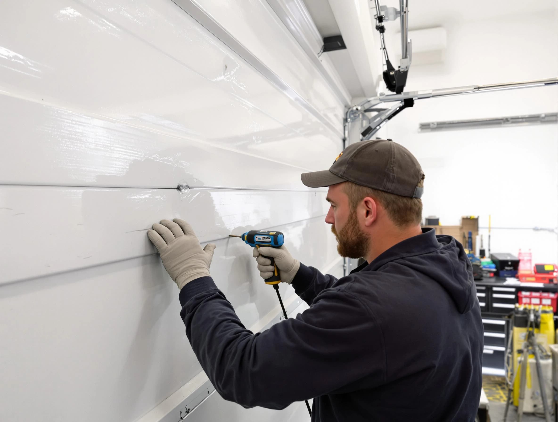 White Oak Garage Door Repair technician demonstrating precision dent removal techniques on a White Oak garage door